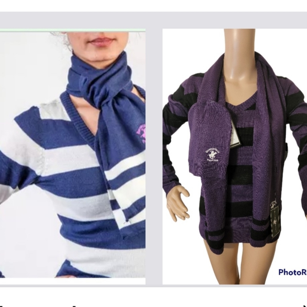 Beverly Hills Polo Club 3pc Purple/Black Sweater/Scarf/Hat Set New With Tags